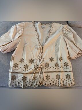 Moon River Cream Floral Embroidered Tie-Front Top